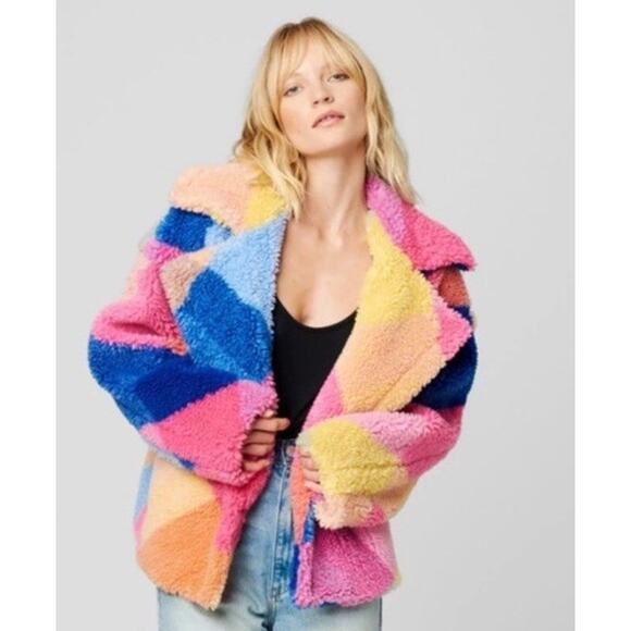 BLANKNYC Women’s L Colorblock Sherpa Teddy Jacket Rainbow Patchwork Oversized - Picture 1 of 10